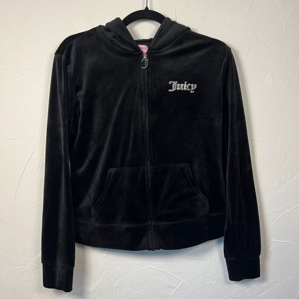 Vintage y2k Juicy Couture Black Velour Zip Hoodie Rhinestone McBling Glam Size M